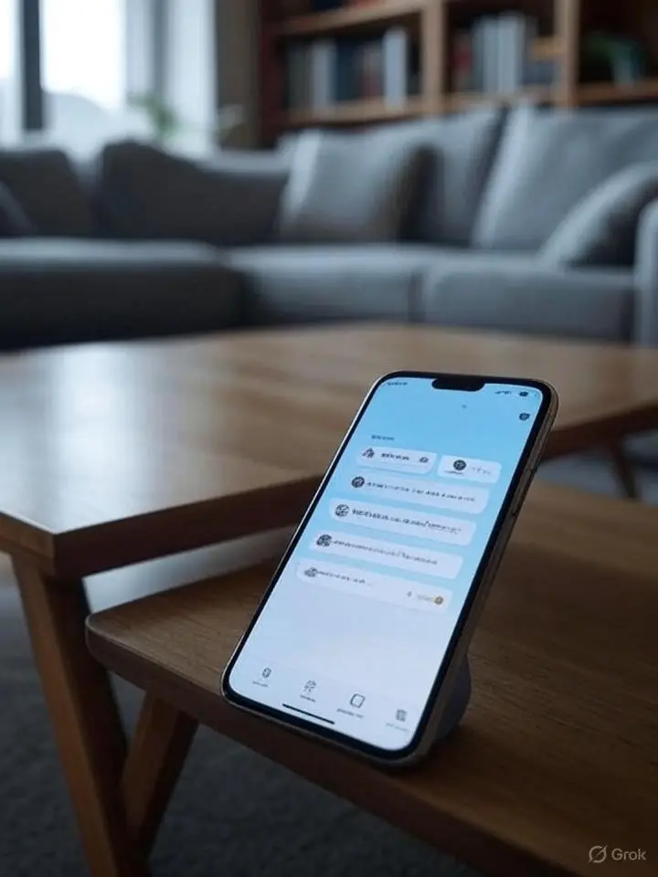 A cellphone with a patient portal showing on it with a cozy home in the background to show convenience and accessibility of using the patient portal.
