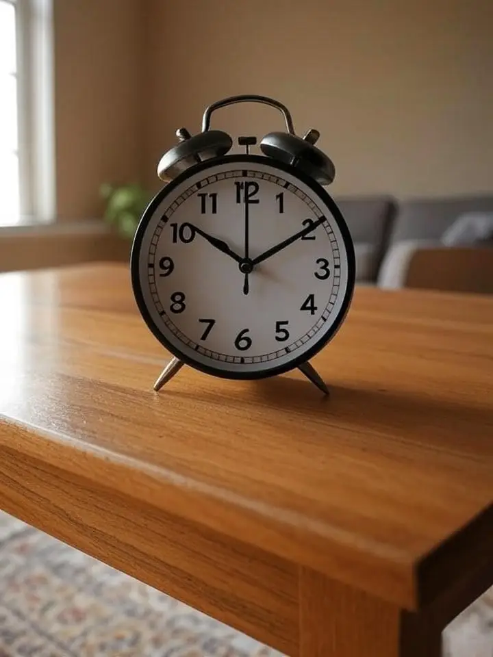 A round, classic analog alarm clock with white face, black numbers, and brushed steel finish sits on a table inside a home to convey efficiency and time saving.