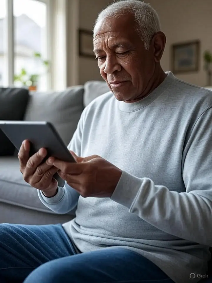 An older gentleman sitting on couch at home, looking at his patient portal on a device to convey empowerment and control of his health coordination.
