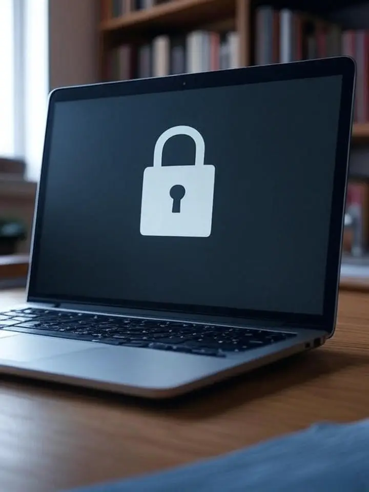 An open laptop sitting on a table with a simple lock displayed on a black screen conveys digital privacy and security.