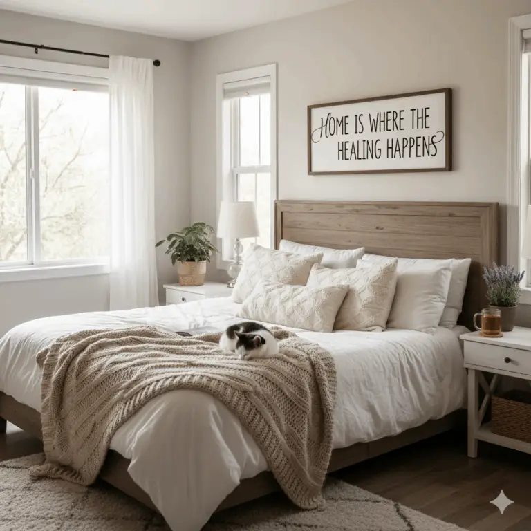 gemini generated image of a warm and cozy bedroom with a cat sleeping on the bed and a sign above the bed saying home is where the healing happens. This represents the benefits of in-home wound care and physical therapy in Erie, PA.