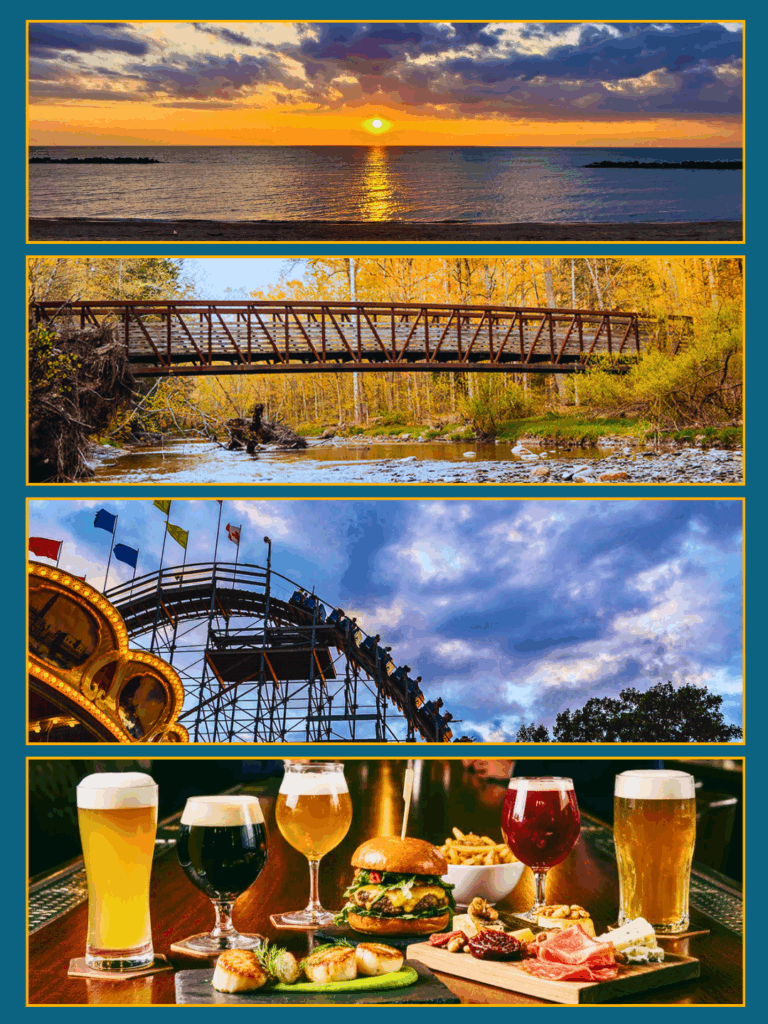 Discovering Erie, PA: My Favorite Spots as a Local Wound Care & Physical Therapy Expert. This is a collage of four photos from around erie: a sunset at presque isle beach, the bridge in the woods across a stream at asbury woods, the top of the ravine flyer two coaster at waldameer, and a bar with several beers and foods spread across it