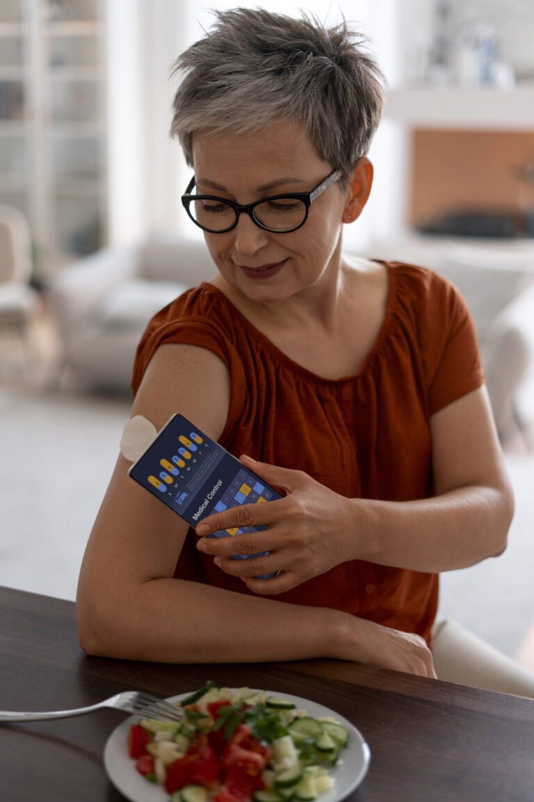 woman checking glucose levels using her cellphone on a continuous glucose monitor for autoimmune awareness month T1D