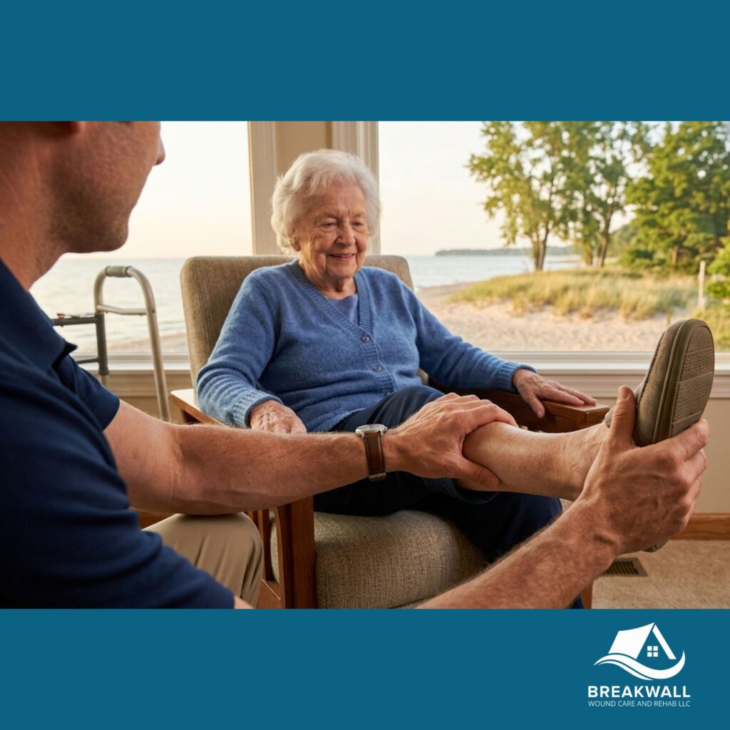in home outpatient physical therapy in erie pa. A physical therapist works with a patient in the comfort of their home for prehab before surgery therapy.
