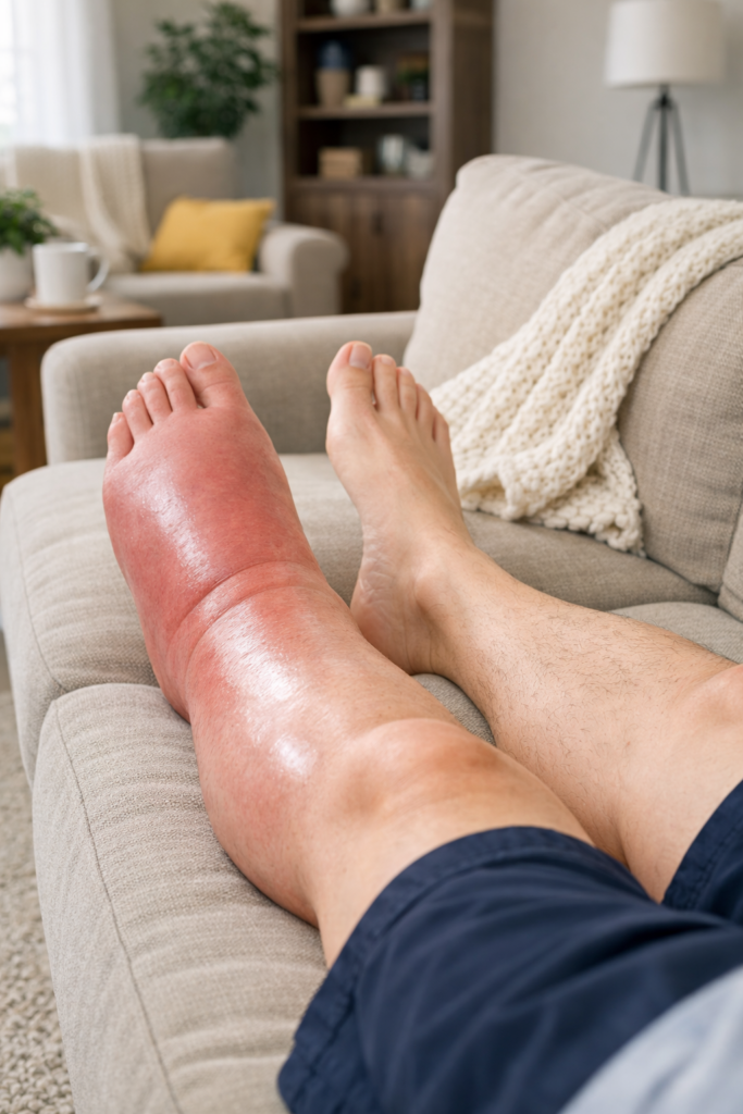 a patient with lower extremity lymphedema lays on a couch at home awaiting in home physical therapy and wound care from breakwall, erie pa