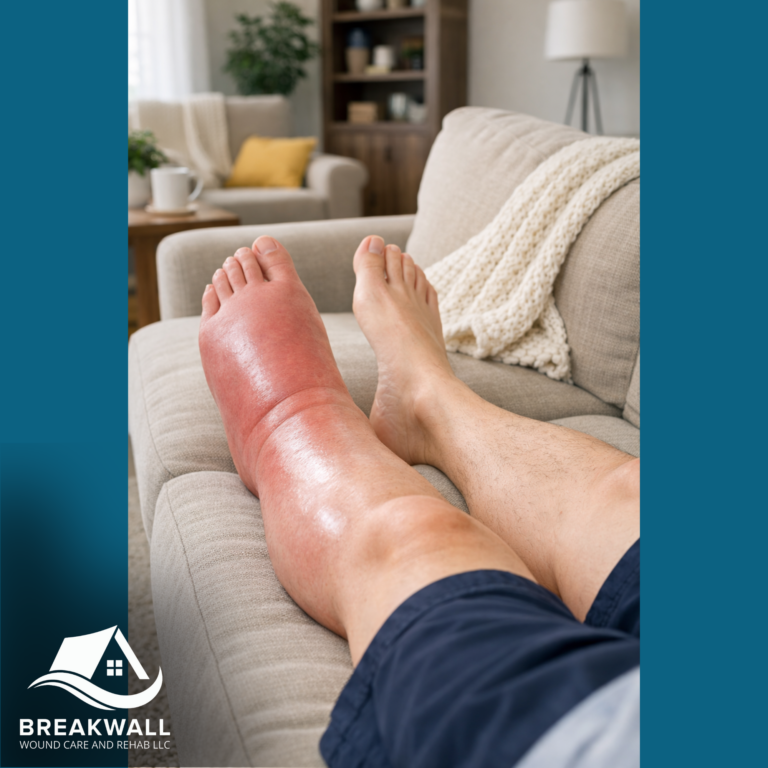 Wellness Library a lymphatic leg rests on a couch awaiting in home physical therapy and wound care, breakwall, erie pa
