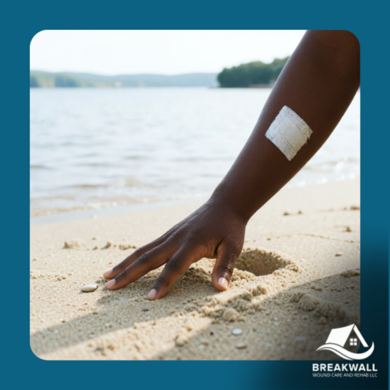 Wellness Library A hand reaching into the sand. Their arm has a bandaged wound by Breakwall wound care and rehab, in-home physical therapy in erie, pa.