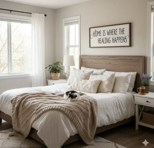 gemini generated image of a warm and cozy bedroom with a cat sleeping on the bed and a sign above the bed saying home is where the healing happens. This represents the benefits of in-home wound care and physical therapy in Erie, PA.